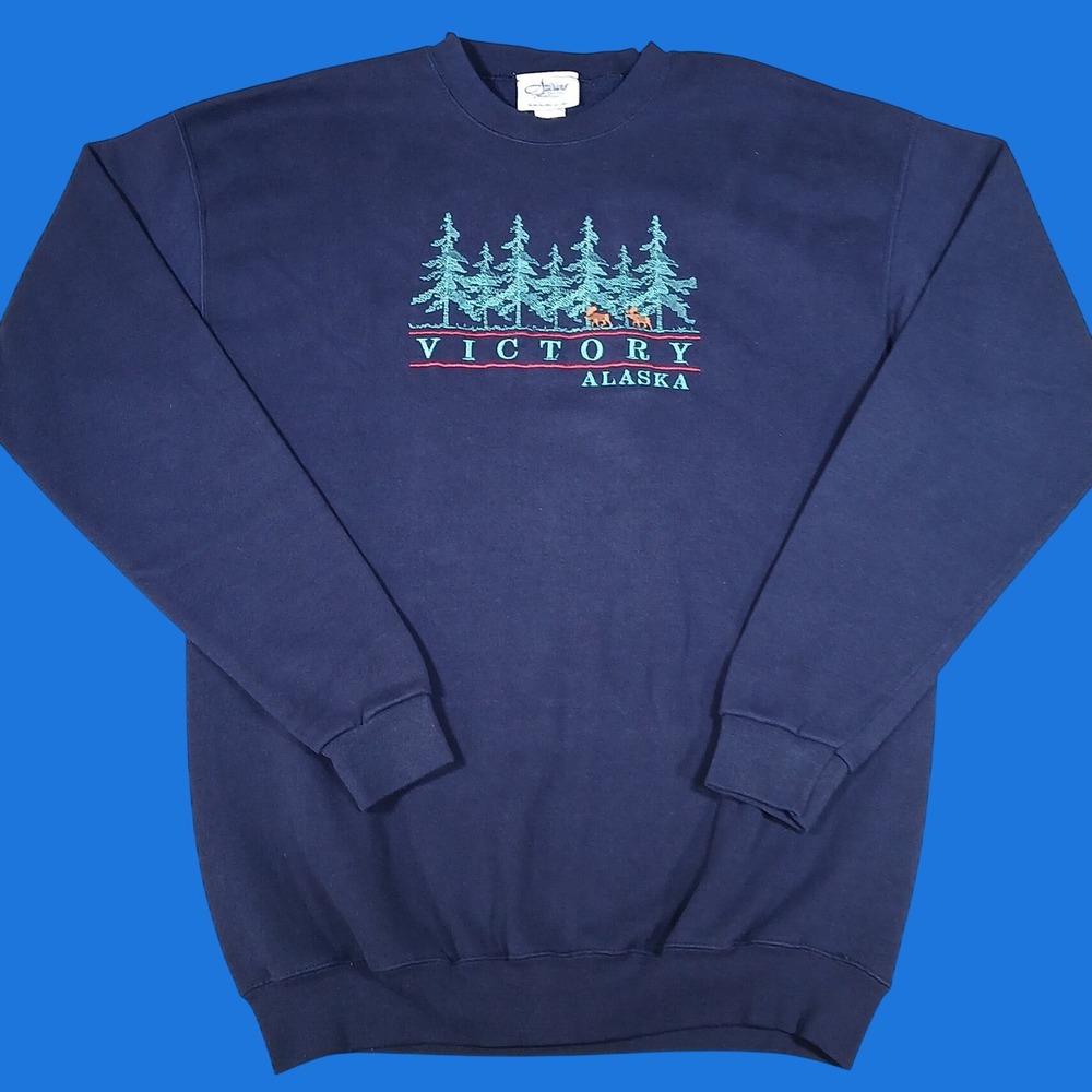 Vintage Artisans Sweater Mens L Victory Alaska Embroidered Navy USA Made